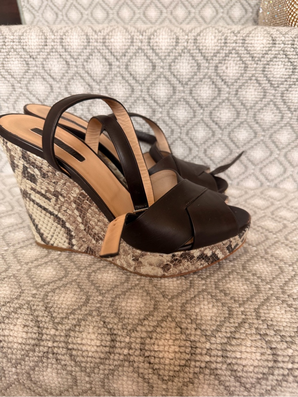 Longchamp chocolate Leather Ankle-Strap Wedge Sandals with Snake-Print Platform - Picture 3 of 4